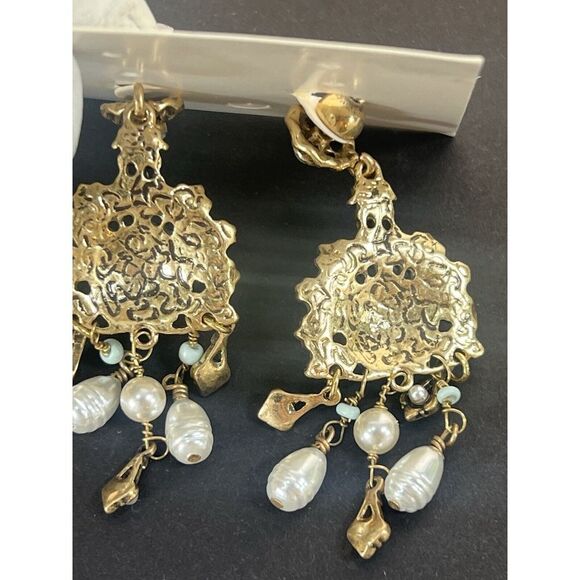 vtg Victorian revival antique gold pearl and jasper dangle earrings - Picture 8 of 8